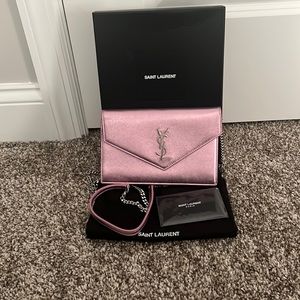 Saint Laurent NEW AZALEA metallic leather envelope wallet on chain